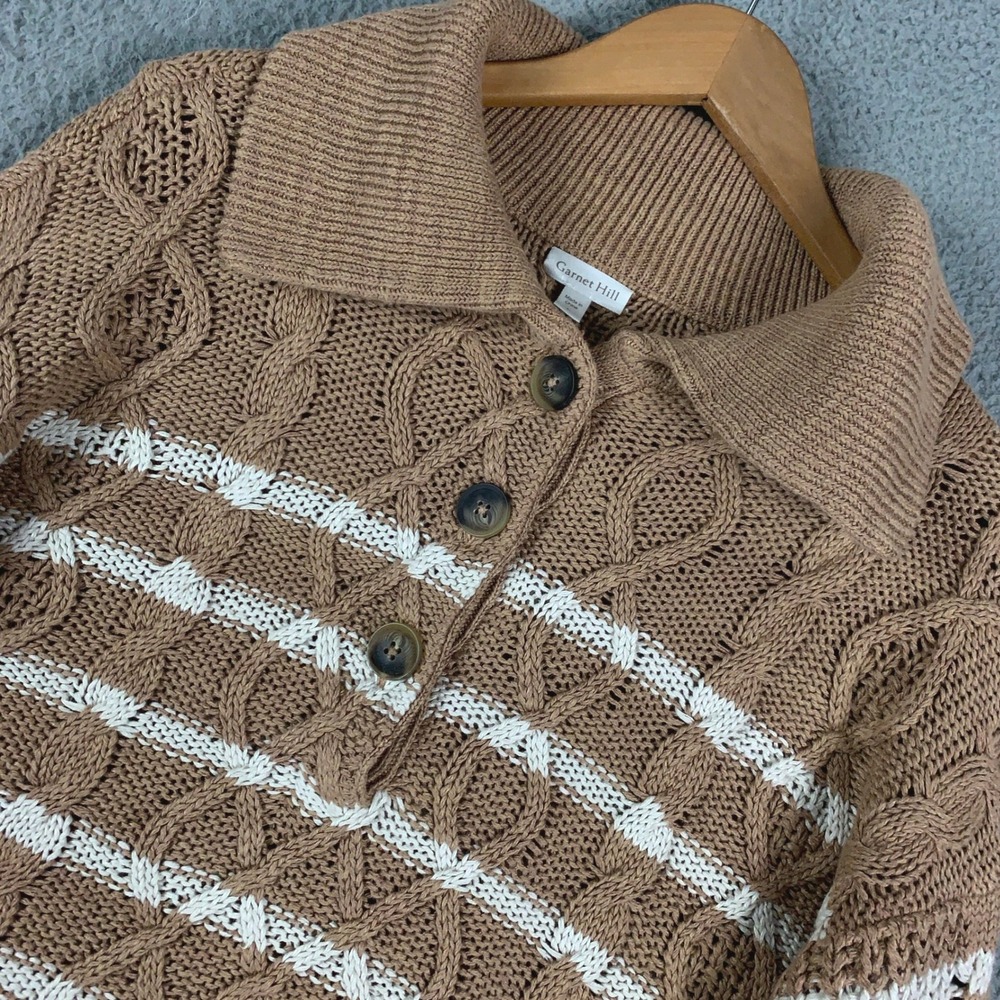 Garnet Hill Cable-Knit Polo Sweater Women's Large L Brown Linen-Cotton Striped